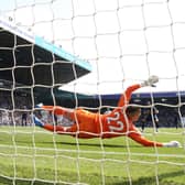  Callum Wilson of Newcastle United scores the team's first goal from the penalty spot past Joel Robles of Leeds United during the Premier League match between Leeds United and Newcastle United at Elland Road on May 13, 2023 in Leeds, England. (Photo by Alex Livesey/Getty Images)