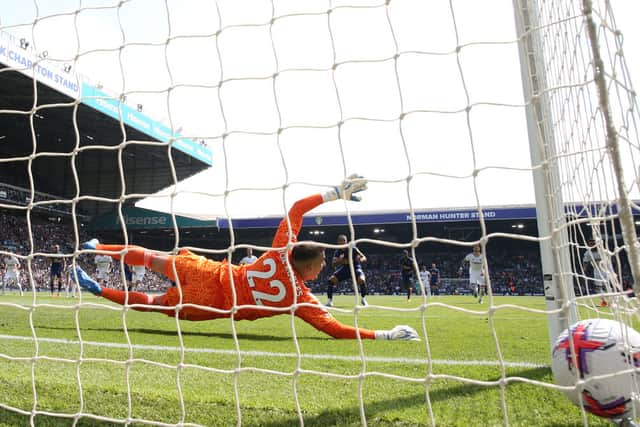  Callum Wilson of Newcastle United scores the team's first goal from the penalty spot past Joel Robles of Leeds United during the Premier League match between Leeds United and Newcastle United at Elland Road on May 13, 2023 in Leeds, England. (Photo by Alex Livesey/Getty Images)