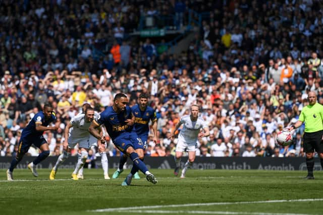 Callum Wilson of Newcastle United scores the team's second goal from the penalty spot during the Premier League match between Leeds United and Newcastle United at Elland Road on May 13, 2023 in Leeds, England. (Photo by Stu Forster/Getty Images)