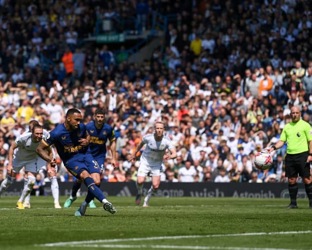 Callum Wilson of Newcastle United scores the team's second goal from the penalty spot during the Premier League match between Leeds United and Newcastle United at Elland Road on May 13, 2023 in Leeds, England. (Photo by Stu Forster/Getty Images)