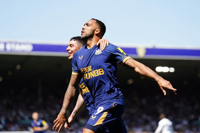 Newcastle United striker Callum Wilson celebrates his second penalty at Elland Road.