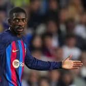  Ousmane Dembele of FC Barcelona reacts during the LaLiga Santander match between FC Barcelona and CA Osasuna at Spotify Camp Nou on May 02, 2023 in Barcelona, Spain. (Photo by Alex Caparros/Getty Images)