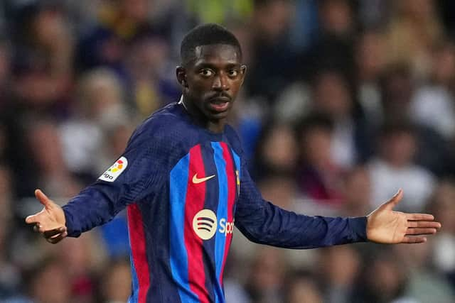  Ousmane Dembele of FC Barcelona reacts during the LaLiga Santander match between FC Barcelona and CA Osasuna at Spotify Camp Nou on May 02, 2023 in Barcelona, Spain. (Photo by Alex Caparros/Getty Images)