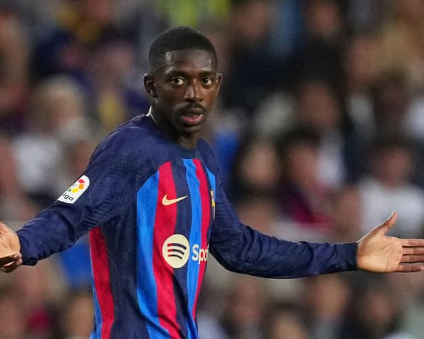  Ousmane Dembele of FC Barcelona reacts during the LaLiga Santander match between FC Barcelona and CA Osasuna at Spotify Camp Nou on May 02, 2023 in Barcelona, Spain. (Photo by Alex Caparros/Getty Images)