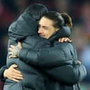Liverpool boss Jurgen Klopp hugs Uruguayan forward Darwin Nunez.  (Photo by LINDSEY PARNABY/AFP via Getty Images)