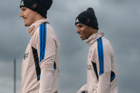 Manchester United pair Marcel Sabitzer and Marcus Rashford. (Photo by Ash Donelon/Manchester United via Getty Images)