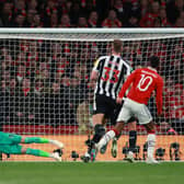 Loris Karius of Newcastle United saves a shot from Marcus Rashford of Manchester United during the Carabao Cup Final match between Manchester United and Newcastle United at Wembley Stadium on February 26, 2023 in London, England.