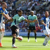 Callum Wilson of Newcastle United shoots under pressure from Adam Webster of Brighton & Hove Albion during the Premier League match between Brighton & Hove Albion and Newcastle United at American Express Community Stadium on August 13, 2022 in Brighton, England. (Photo by Mike Hewitt/Getty Images)