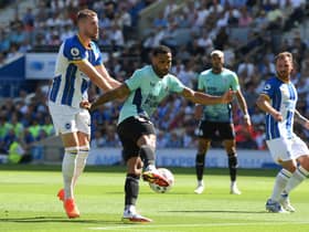 Callum Wilson of Newcastle United shoots under pressure from Adam Webster of Brighton & Hove Albion during the Premier League match between Brighton & Hove Albion and Newcastle United at American Express Community Stadium on August 13, 2022 in Brighton, England. (Photo by Mike Hewitt/Getty Images)