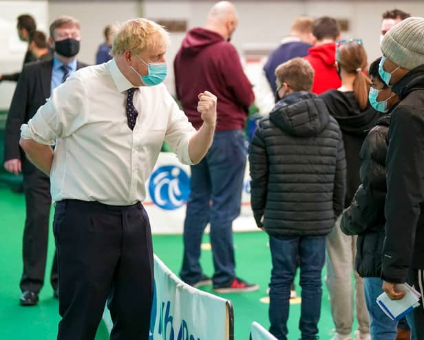 Boris Johnson during a visit to a vaccination hub in the Guttman Centre at Stoke Mandeville Stadium (Photo: Getty)