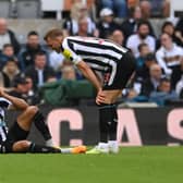 Joelinton of Newcastle United holds their head as they speak to team mate Dan Burn during the Premier League match between Newcastle United and Brighton & Hove Albion at St. James Park on May 18, 2023 in Newcastle upon Tyne, England. (Photo by Stu Forster/Getty Images)