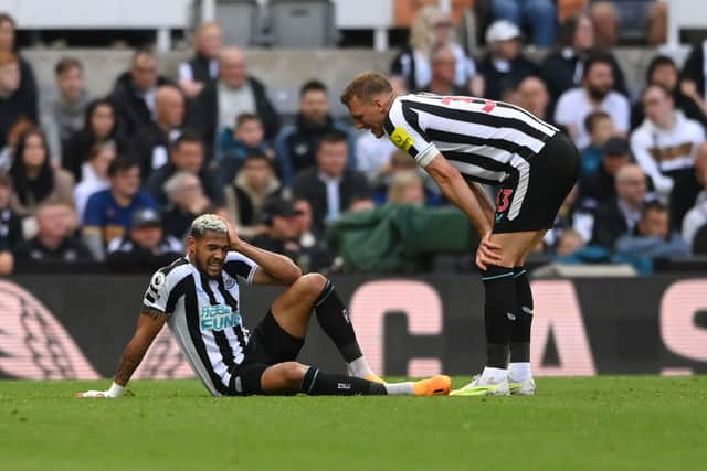 Joelinton of Newcastle United holds their head as they speak to team mate Dan Burn during the Premier League match between Newcastle United and Brighton & Hove Albion at St. James Park on May 18, 2023 in Newcastle upon Tyne, England. (Photo by Stu Forster/Getty Images)