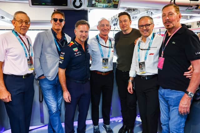 Stephen M. Ross, Tom Garfinkel, Red Bull Racing Team Principal Christian Horner, Greg Maffei, CEO of Liberty Media, Elon Musk, Stefano Domenicali, CEO of the Formula One Group, and Larry Ellison