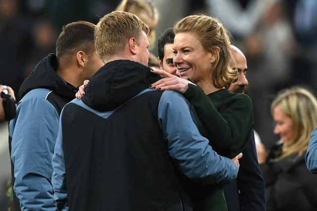  Newcastle head coach Eddie Howe celebrates with co owner Amanda Staveley after the Premier League match between Newcastle United and Leicester City at St. James Park on May 22, 2023 in Newcastle upon Tyne, England. (Photo by Stu Forster/Getty Images)