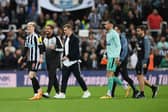 Newcastle United goalkeeper Martin Dubravka, third right, after the club qualified for the Champions League.