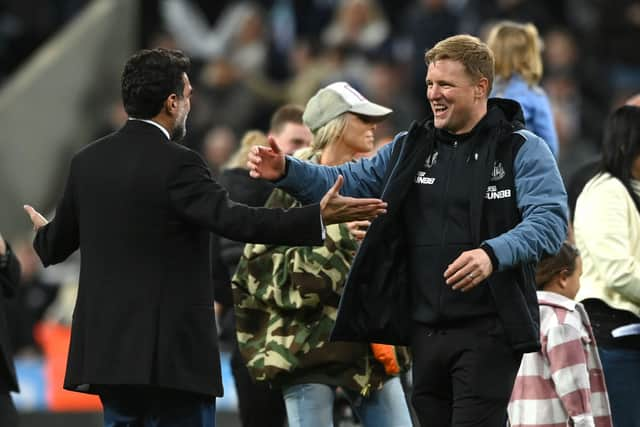 Newcastle head coach Eddie Howe celebrates with chairman Yasir Al-Rumayyan after the Premier League match between Newcastle United and Leicester City at St. James Park on May 22, 2023 in Newcastle upon Tyne, England.