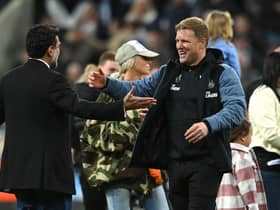 Newcastle head coach Eddie Howe celebrates with chairman Yasir Al-Rumayyan after the Premier League match between Newcastle United and Leicester City at St. James Park on May 22, 2023 in Newcastle upon Tyne, England.