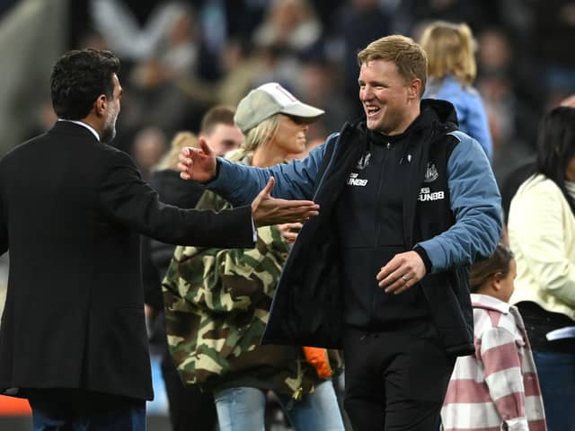 Newcastle head coach Eddie Howe celebrates with chairman Yasir Al-Rumayyan after the Premier League match between Newcastle United and Leicester City at St. James Park on May 22, 2023 in Newcastle upon Tyne, England.