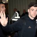 Kieran Tierney of Arsenal arrives at the stadium prior to the Premier League match between Newcastle United and Arsenal FC at St. James Park on May 07, 2023 in Newcastle upon Tyne, England. 