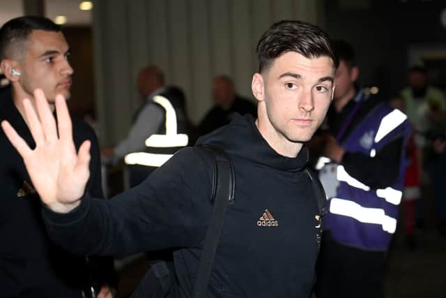 Kieran Tierney of Arsenal arrives at the stadium prior to the Premier League match between Newcastle United and Arsenal FC at St. James Park on May 07, 2023 in Newcastle upon Tyne, England.