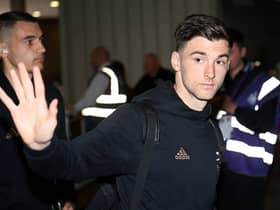 Kieran Tierney of Arsenal arrives at the stadium prior to the Premier League match between Newcastle United and Arsenal FC at St. James Park on May 07, 2023 in Newcastle upon Tyne, England. 