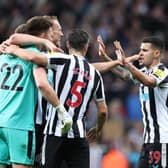 Newcastle United's Bruno Guimaraes, right, celebrates Chamoions League qualifcation with his team-mates on Monday night.