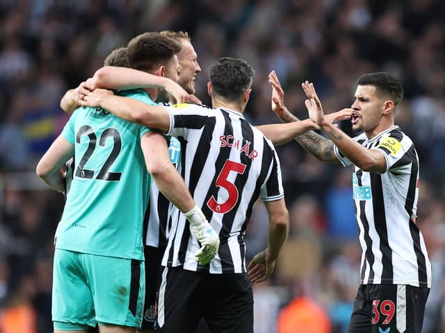 Newcastle United's Bruno Guimaraes, right, celebrates Chamoions League qualifcation with his team-mates on Monday night.