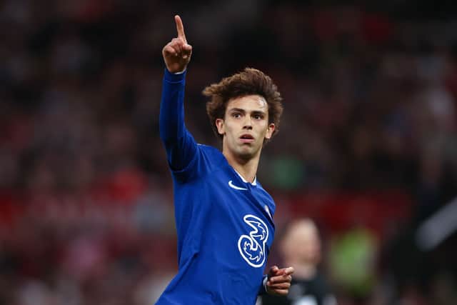 Joao Felix of Chelsea celebrates after scoring the team's first goal during the Premier League match (Photo by Naomi Baker/Getty Images)