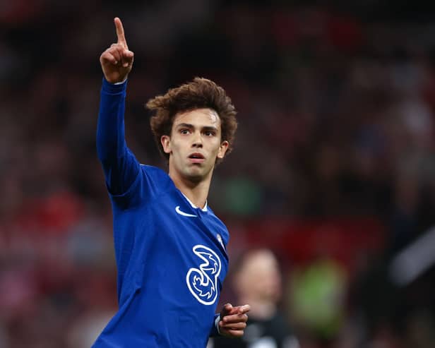 Joao Felix of Chelsea celebrates after scoring the team's first goal during the Premier League match (Photo by Naomi Baker/Getty Images)