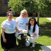 Members of the St Oswald's Hospice team with the small Shaun sculpture.
