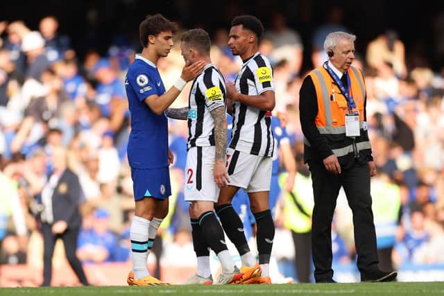 Joao Felix of Chelsea interacts with Kieran Trippier and Jacob Murphy of Newcastle United following the Premier League match between Chelsea FC and Newcastle United at Stamford Bridge on May 28, 2023.