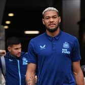 Joelinton and Bruno Guimaraes arrive at St James' Park last month.