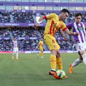 Arnau Martinez of Girona FC is put under pressure by Ivan Fresneda of Real Valladolid CF during the LaLiga Santander match between Real Valladolid CF and Girona FC at Estadio Municipal Jose Zorrilla on April 22, 2023 in Valladolid, Spain.