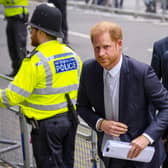 Prince Harry, Duke of Sussex, arrives to the Mirror Group Phone hacking trial at the Rolls Building at High Court on June 7, 2023 in London, England