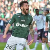 Saint-Etienne’s French defender Mathieu Debuchy celebrates after scoring a goal during the French L1 football match between Saint-Etienne (ASSE) and Bordeaux (FCB) on April 14, 2019, at the Geoffroy Guichard Stadium.