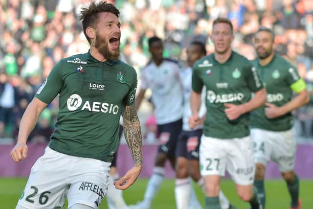 Saint-Etienne’s French defender Mathieu Debuchy celebrates after scoring a goal during the French L1 football match between Saint-Etienne (ASSE) and Bordeaux (FCB) on April 14, 2019, at the Geoffroy Guichard Stadium.