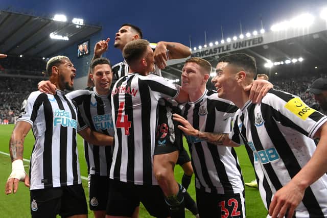 Bruno Guimaraes celebrates after scoring against Brighton last season.