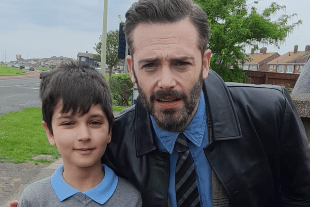 Brayden Narang with David Leon on the set of Vera in South Shields. Photo: Other 3rd Party. 