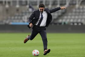  Yasir Al-Rumayyan, Chairman of Newcastle United plays football on the pitch after the Premier League match between Newcastle United and Crystal Palace at St. James Park on April 20, 2022 in Newcastle upon Tyne, England. (Photo by Ian MacNicol/Getty Images)