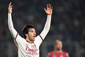 Sandro Tonali of AC Milan  reacts during the Serie A match between US Cremonese and AC Milan at Stadio Giovanni Zini on November 08, 2022 in Cremona, Italy. (Photo by Alessandro Sabattini/Getty Images)