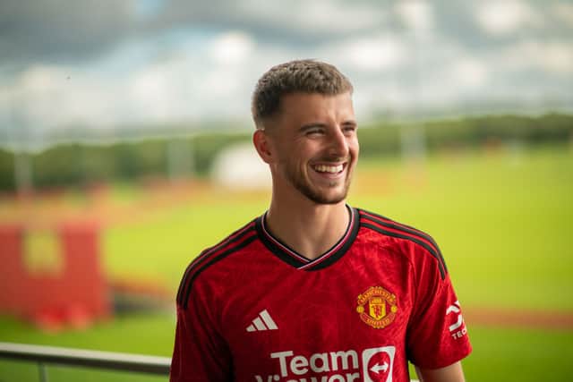 Mason Mount of Manchester United poses after signing for the club at Carrington Training Ground on July 05, 2023 in Manchester, England. (Photo by Manchester United/Manchester United via Getty Images)