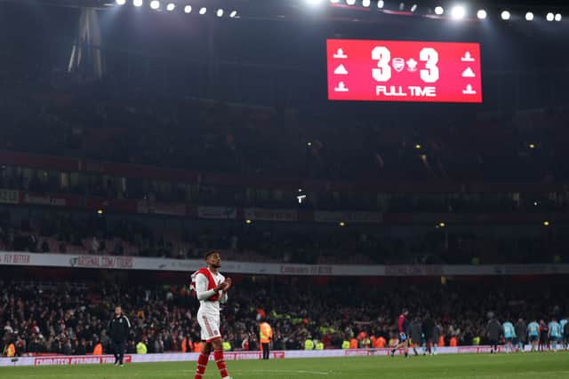 Reiss Nelson of Arsenal after the match finished 3-3 during the Premier League match between Arsenal FC and Southampton FC at Emirates Stadium on April 21, 2023 in London, England. (Photo by Julian Finney/Getty Images)