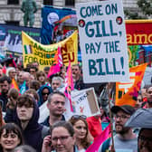 Striking teachers from the National Education Union (NEU) hold a rally in Parliament Square on 5 July 2023 in London, United Kingdom. NEU members are striking to win a fully-funded, above-inflation pay rise for all educators. (photo by Mark Kerrison/In Pictures via Getty Images)