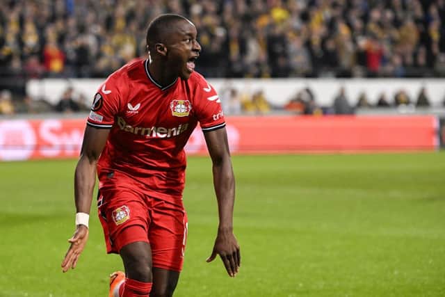 Bayer Leverkusen winger Moussa Diaby. (Photo by LAURIE DIEFFEMBACQ/BELGA MAG/AFP via Getty Images)