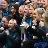 Newcastle Co-owner Amanda Staveley (c) pictured with the Newcastle Women's team at half time during the Premier League match between Newcastle United and Brighton & Hove Albion at St. James Park on May 18, 2023 in Newcastle upon Tyne, England. (Photo by Stu Forster/Getty Images)