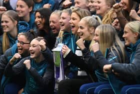 Newcastle Co-owner Amanda Staveley (c) pictured with the Newcastle Women's team at half time during the Premier League match between Newcastle United and Brighton & Hove Albion at St. James Park on May 18, 2023 in Newcastle upon Tyne, England. (Photo by Stu Forster/Getty Images)