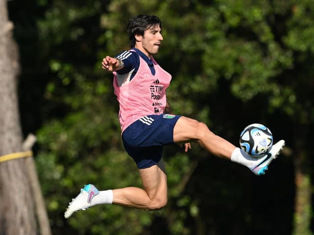 Sandro Tonali of Italy U21 in action during a training session at Centro di Preparazione Olimpica on June 15, 2023 in Tirrenia, Italy. 