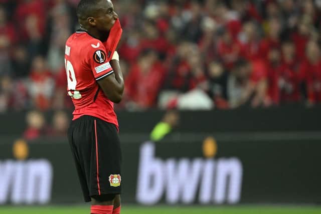 Bayer Leverkusen winger Moussa Diaby. (Photo by INA FASSBENDER/AFP via Getty Images)