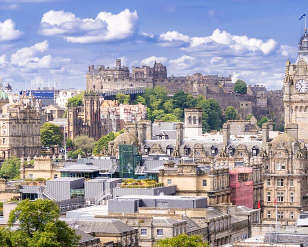 Edinburgh Castle with Cityscape from Calton Hill, Edinburgh, Scotland UK
