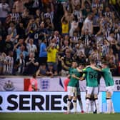 Elliot Anderson of Newcastle United celebrates with teammates after scoring their team’s second goal  during the Premier League Summer Series match between Brighton & Hove Albion and Newcastle United at Red Bull Arena on July 28, 2023 in Harrison, New Jersey. 